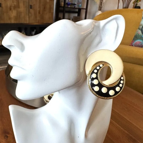 Vintage Enamel Black and Gold Polka Dot Earrings - Picture 3 of 8